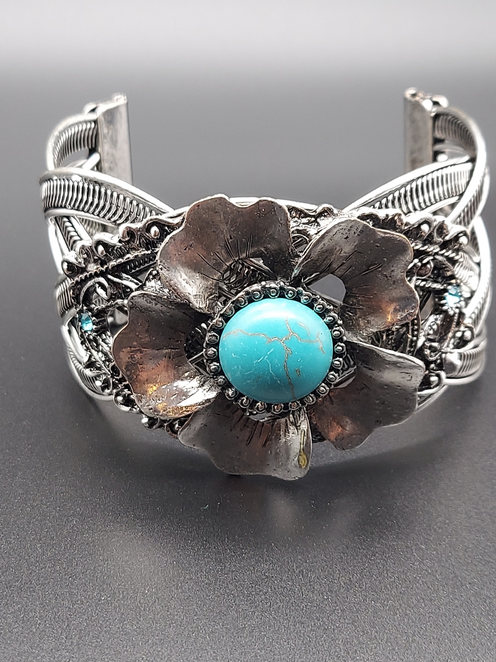 Silver-Tone Floral Cuff Bracelet with Turquoise Center